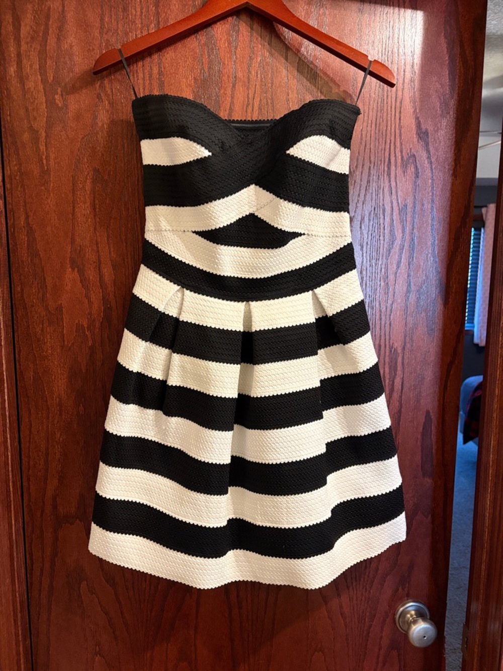 Express Black and White Strapless Fit & Flare Dress